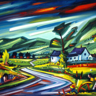 A vibrant, expressionist-style painting depicting a rural landscape with dynamic brush strokes, vivid colors, houses, and winding roads. By Raymond Murray